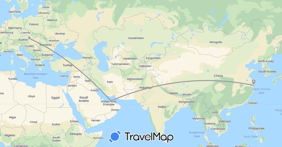 TravelMap itinerary: driving, plane in United Arab Emirates, Austria, China, Slovakia (Asia, Europe)